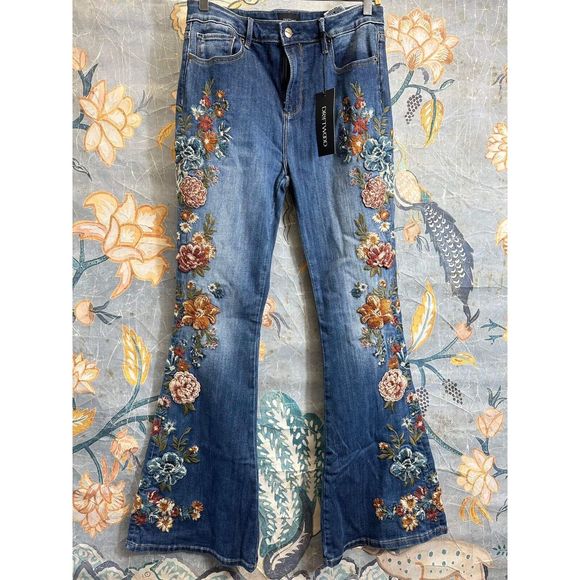 Free People Driftwood Jeans Farrah Flare Floral Beaded Midnight Rose Blue Sz 30 - Picture 3 of 5